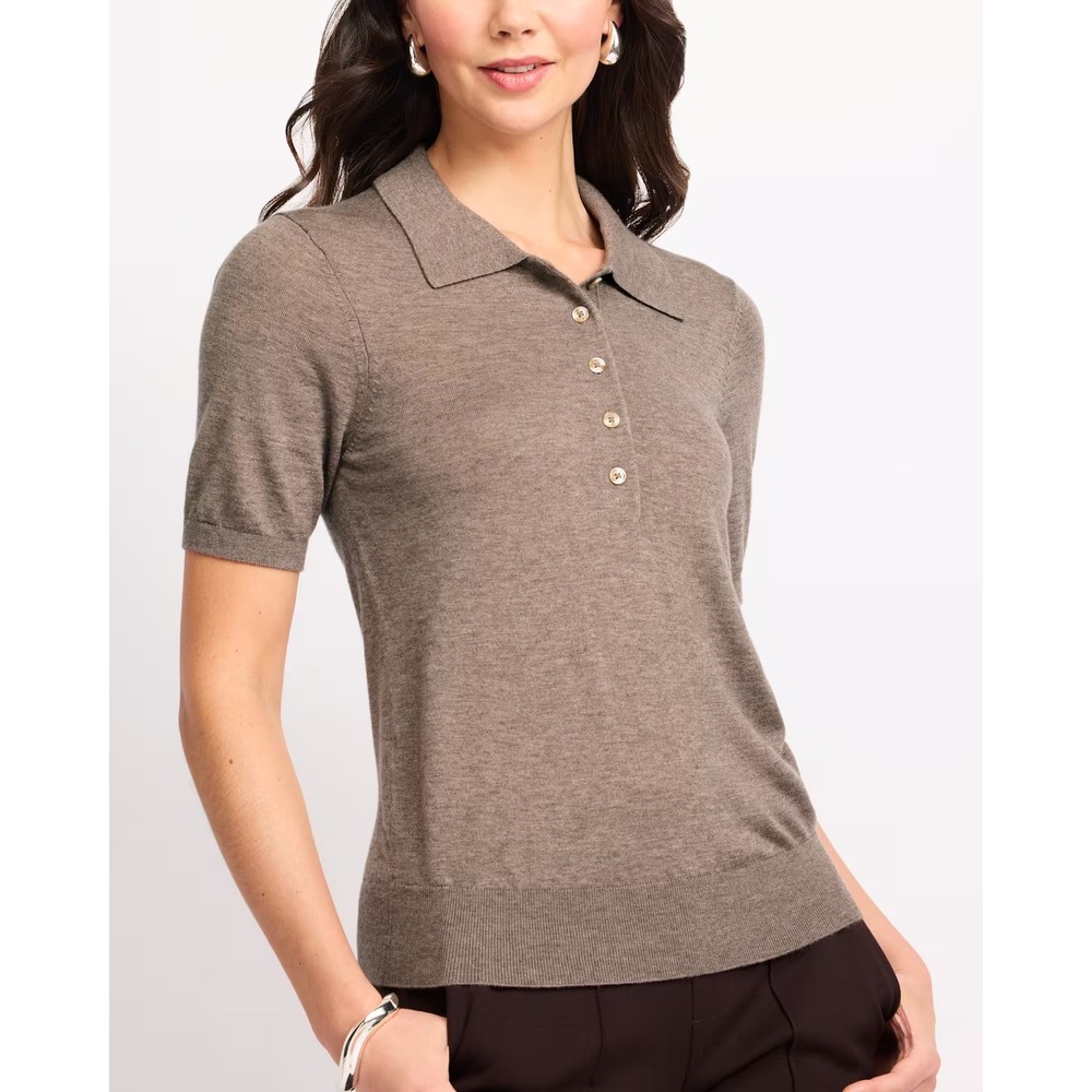 Varley Womens Short Sleeve Knit Polo Sweater Taupe Brown Wool Blend